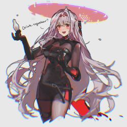 Rule 34 | 1girl, :d, armored bodysuit, black bodysuit, blueblossom, blush, bodysuit, bottle, breasts, goddess of victory: nikke, grey bodysuit, grey hair, halo, holding, holding sword, holding weapon, long hair, looking at viewer, medium breasts, open mouth, red eyes, rose (nikke), see-through, smile, solo, sword, very long hair, weapon