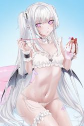 Rule 34 | 1girl, bandaid, bikini, black nails, blush, breasts, demon wings, ear piercing, food, highres, innertube, long hair, nail polish, navel, ompf, open mouth, original, piercing, purple eyes, shaved ice, small breasts, solo, swim ring, swimsuit, thigh strap, twintails, white bikini, white hair, wings