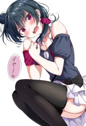 Rule 34 | 10s, 1girl, black thighhighs, blue hair, blush, commentary request, hair bun, long hair, looking at viewer, love live!, love live! school idol festival, love live! sunshine!!, open mouth, purple eyes, side bun, side ponytail, single hair bun, single side bun, skirt, smile, solo, thighhighs, tipii, translated, tsushima yoshiko