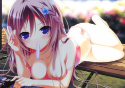 Rule 34 | 1girl, absurdres, bare shoulders, barefoot, bikini, blush, braid, breasts, brown hair, cleavage, curvy, food, hair ornament, hairclip, highres, hip focus, ice cream, large breasts, legs, long hair, looking at viewer, lying, magazine (object), makita maki, nail polish, on stomach, original, purple eyes, solo, sweat, swimsuit, tank top, thighs, wooden floor