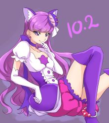 Rule 34 | 10s, 1girl, animal ears, boots, cat ears, chocokin, choker, closed mouth, collarbone, cropped legs, cure macaron, dated, earrings, elbow gloves, extra ears, food-themed hair ornament, gloves, hair ornament, jewelry, kirakira precure a la mode, kotozume yukari, long hair, looking at viewer, macaron hair ornament, magical girl, precure, purple background, purple eyes, purple footwear, purple hair, purple neckwear, purple skirt, ribbon choker, simple background, sitting, skirt, smile, solo, thigh boots, thighhighs, white gloves