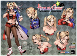 Rule 34 | 1girl, blonde hair, breasts, character name, character sheet, cleavage, collar, dc comics, dcwj, english text, fingerless gloves, full body, gloves, grin, harley quinn, high heels, looking at viewer, medium breasts, midriff, multiple views, navel, open mouth, pantyhose, shorts, smile, suicide squad, tally, tokkoufuku, twintails
