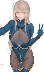 Rule 34 | 1girl, bad id, bad pixiv id, black pantyhose, blonde hair, blue bodysuit, blue eyes, blush, bodysuit, breasts, closed mouth, feet out of frame, hair ornament, headphones, lexington (warship girls r), long hair, looking at viewer, medium breasts, pantyhose, rifu (643763873), solo, standing, thighs, warship girls r, white background