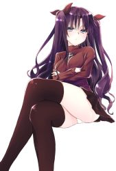 Rule 34 | 1girl, black thighhighs, blue eyes, blush, crossed legs, fate/stay night, fate (series), frown, hair ribbon, highres, invisible chair, long hair, long sleeves, looking at viewer, panties, pantyshot, pleated skirt, purple hair, ribbon, shichimaro, shiny clothes, simple background, sitting, skirt, solo, thighhighs, tohsaka rin, turtleneck, two side up, underwear, very long hair, white background, white panties