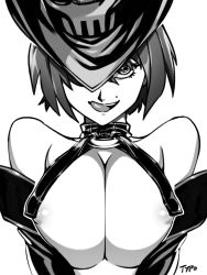 Rule 34 | 1girl, arc system works, areola slip, bad id, bad tumblr id, bare shoulders, breasts, breasts squeezed together, detached sleeves, greyscale, guilty gear, guilty gear xx, hat, i-no, large breasts, licking lips, looking at viewer, mole, mole above mouth, monochrome, o-ring, one eye covered, optionaltypo, revealing clothes, short hair, signature, simple background, solo, tongue, tongue out, upper body, white background
