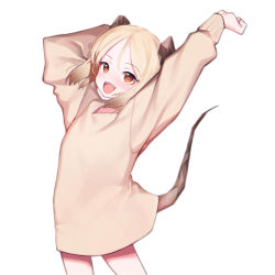 Rule 34 | 1girl, absurdres, arknights, beudelb, blonde hair, cowboy shot, demon girl, demon horns, demon tail, highres, horns, ifrit (arknights), looking at viewer, medium hair, open mouth, orange eyes, simple background, solo, stretching, sweater, tail, white background, yellow sweater, aged down