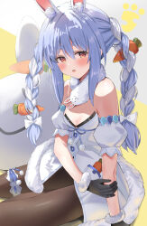Rule 34 | 1girl, :o, animal ear fluff, animal ears, bare shoulders, black gloves, black leotard, blue hair, blush, bow, braid, breasts, carrot, carrot hair ornament, coat dress, commentary, don-chan (usada pekora), dot nose, food-themed hair ornament, fur-trimmed gloves, fur scarf, fur trim, gloves, gonzaresu143, hair bow, hair intakes, hair ornament, hand on own arm, highres, hololive, leotard, long hair, playboy bunny, purple eyes, rabbit-shaped pupils, rabbit ears, rabbit girl, rabbit tail, short eyebrows, small breasts, strapless, strapless leotard, symbol-shaped pupils, tail, thick eyebrows, twin braids, twintails, usada pekora, virtual youtuber, white bow