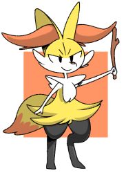 Rule 34 | 1girl, animal ear fluff, animal ears, animal nose, arm up, black eyes, black fur, body fur, braixen, closed mouth, creatures (company), female focus, flat chest, fox ears, fox girl, fox tail, full body, furry, furry female, game freak, gen 6 pokemon, half-closed eyes, happy, holding, holding stick, nintendo, outstretched arm, pokemon, pokemon (creature), simple background, smile, snout, solo, standing, stick, tail, two-tone background, vilepluff, white background, white fur, yellow fur