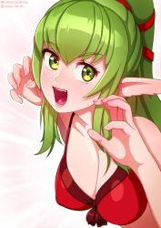 Rule 34 | :d, bikini, breasts, cleavage, fire emblem, green eyes, green hair, large breasts, neocoill, nintendo, open mouth, pointy ears, red bikini, smile, solo, swimsuit, tiki (adult) (fire emblem), tiki (adult) (summer) (fire emblem), tiki (fire emblem)