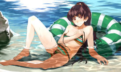 Rule 34 | 1girl, ao no exorcist, arm support, barefoot, beach, bikini, blush, breasts, brown hair, clenched teeth, covering breasts, covering privates, crotch, innertube, kabocha, kabocha (monkey4), kamiki izumo, long hair, long legs, looking at viewer, lying, multicolored stripes, outdoors, partially submerged, ponytail, red eyes, small breasts, solo, spread legs, striped bikini, striped clothes, submerged, swim ring, swimsuit, teeth, untied, wardrobe malfunction, water, wet, wide ponytail