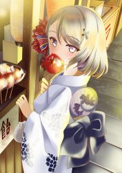 Rule 34 | 1girl, absurdres, alternate costume, azur lane, bad id, bad pixiv id, candy apple, commentary request, contemporary, cross, eating, food, food stand, from above, grey eyes, grey hair, hair ornament, hair ribbon, hand fan, highres, holding, holding food, iron cross, japanese clothes, kimono, lampion, looking at viewer, looking up, manjirou (manji illust), obi, paper fan, ribbon, sash, short hair, solo, stand, summer festival, uchiwa, wide sleeves, yukata, z23 (azur lane)