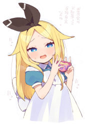 Rule 34 | 1girl, alice (moyori), blonde hair, blue eyes, blush, bow, breath, bright pupils, brown bow, cup, eyelashes, fingernails, hair bow, half-closed eyes, heart, holding, holding cup, large bow, long eyelashes, long hair, moyori, open mouth, original, puffy sleeves, sketch, solo, sweat, white background, white bow, white pupils