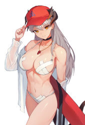 Rule 34 | 1girl, alternate costume, arknights, bare shoulders, baseball cap, bikini, black choker, breasts, choker, cleavage, closed mouth, collarbone, cowboy shot, dragon horns, earrings, hand on headwear, hat, highres, horns, innertube, jason kim, jewelry, large breasts, long hair, long sleeves, looking at viewer, navel, open clothes, open shirt, orange eyes, pasties, red hat, saria (arknights), shirt, silver hair, simple background, solo, stomach, stud earrings, swim ring, swimsuit, toned, very long hair, whistle, whistle around neck, white background, white bikini, white shirt
