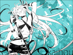 Rule 34 | 1girl, bad id, bad pixiv id, bird, breasts, cleavage, female focus, hatsune miku, masso, medium breasts, microphone, monochrome, music, singing, solo, twintails, vocaloid