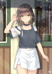 Rule 34 | 1girl, asymmetrical sleeves, black shirt, blush, brown hair, closed mouth, commentary request, day, green eyes, hair between eyes, hand up, highres, looking at viewer, miko fly, mismatched sleeves, original, outdoors, see-through, see-through sleeves, shimamura uzuki, shirt, short sleeves, signature, skirt, smile, solo, v-shaped eyebrows, white skirt, window