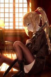 Rule 34 | 1girl, a0lp, black thighhighs, blonde hair, blue eyes, bow, brown jacket, chair, from side, highres, indoors, jacket, long hair, original, pencil skirt, ponytail, red bow, sheath, sheathed, skirt, solo, sunlight, sword, table, thighhighs, thighs, weapon, window