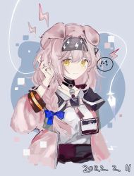 Rule 34 | 1girl, animal ears, annnnq, arknights, black hairband, blue background, braid, cat ears, closed mouth, commentary request, cropped torso, goldenglow (arknights), hair between eyes, hair over shoulder, hairband, hand up, highres, jacket, lanyard, lightning bolt symbol, long hair, long sleeves, pink hair, pink jacket, procreate (medium), puffy long sleeves, puffy sleeves, shirt, single braid, solo, spoken expression, tears, upper body, wavy mouth, white shirt, yellow eyes