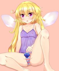 Rule 34 | 1girl, bare arms, bare legs, bare shoulders, barefoot, blonde hair, breasts, camisole, closed mouth, clownpiece, condom, condom wrapper, fairy wings, hair between eyes, heart, heart-shaped pupils, highres, knee up, long hair, looking at viewer, messy hair, nipples, panties, pink hair, see-through, simple background, siohureiya, sitting, small breasts, solo, striped clothes, striped panties, symbol-shaped pupils, touhou, underwear, very long hair, wings