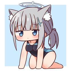 Rule 34 | 1girl, all fours, animal ear fluff, animal ears, bare arms, bare legs, bare shoulders, barefoot, black one-piece swimsuit, blue archive, blue background, blue eyes, blush, breasts, closed mouth, collarbone, commentary request, competition swimsuit, full body, grey hair, halo, hana kazari, highres, jitome, long hair, looking at viewer, low ponytail, one-piece swimsuit, ponytail, shiroko (blue archive), shiroko (swimsuit) (blue archive), sidelocks, small breasts, solo, swimsuit, two-tone background, white background