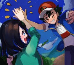 Rule 34 | 1boy, 1girl, 22nekocan, arm up, ash ketchum, baseball cap, black hair, blue eyes, blue jacket, blue sky, brown eyes, cloud, commentary request, creatures (company), day, game freak, grin, hair ornament, happy, hat, high five, jacket, jewelry, liko (pokemon), medium hair, necklace, nintendo, one eye closed, open mouth, outdoors, pokemon, pokemon (anime), pokemon horizons, pokemon journeys, pokemon horizons, red headwear, shirt, short hair, sky, smile, teeth, upper teeth only, white shirt