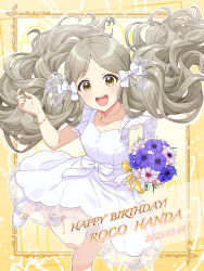 Rule 34 | 1girl, 2023, absurdres, blush, bouquet, bow, bracelet, breasts, buttons, character name, collarbone, cornflower, dot nose, dress, flower, grey hair, hair bow, handa roco, happy birthday, highres, holding, holding bouquet, idolmaster, idolmaster million live!, idolmaster million live! theater days, jewelry, jumping, long hair, looking at viewer, applying manicure, nail polish, open mouth, pendant, see-through, see-through sleeves, shiro (ongrokm), short sleeves, small breasts, smile, solo, teeth, twintails, upper teeth only, very long hair, white dress, white footwear, yellow eyes, yellow nails
