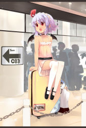 Rule 34 | 1girl, :d, alternate costume, alternate headwear, bare shoulders, bat wings, camisole, casual, chain, choker, comiket, contemporary, fang, female focus, hakurei reimu, hand fan, kneehighs, light purple hair, mary janes, no headwear, open mouth, red eyes, remilia scarlet, revision, shin (new), shoes, short hair, sitting, skirt, smile, socks, solo, suitcase, thighhighs, touhou, white socks, white thighhighs, wings