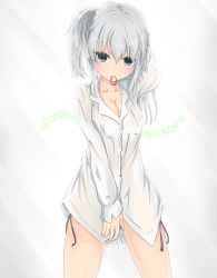 Rule 34 | 10s, 1girl, black panties, blue eyes, breasts, cleavage, covering crotch, covering privates, dress shirt, grey hair, hand in own hair, highres, kantai collection, kashima (kancolle), long sleeves, mouth hold, munehiro (21plus), naked shirt, panties, shirt, solo, underwear