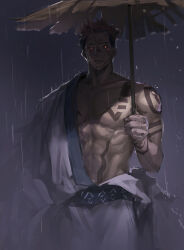 Rule 34 | 1boy, abs, absurdres, arm tattoo, chest tattoo, collarbone, commentary, english commentary, extra eyes, facial tattoo, highres, japanese clothes, jujutsu kaisen, kimono, looking at viewer, male focus, muscular, muscular male, oil-paper umbrella, pectorals, pink hair, rain, red eyes, ryoumen sukuna (jujutsu kaisen), short hair, shoulder tattoo, solo, stomach tattoo, tattoo, torn clothes, torn kimono, torn umbrella, umbrella, undercut, white kimono, woshihedawei
