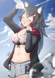 Rule 34 | 1girl, :o, absurdres, animal ears, black hair, blue sky, blush, bottle, breasts, cat ears, closed eyes, hair ornament, hairpin, highres, hololive, jacket, lamperu (usuakari18), ookami mio, ookami mio (hololive summer 2019), open clothes, open jacket, open mouth, sky, swimsuit, tail, virtual youtuber, water, water bottle, wet