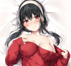 Rule 34 | 1girl, black hair, blush, bottle, breasts, cameltoe, cleavage, clothes pull, commentary request, dakimakura (medium), earrings, hairband, jewelry, karory, large breasts, long hair, looking at viewer, lying, medium breasts, on back, pulled by self, red eyes, red sweater, sexually suggestive, smile, solo, spy x family, sweater, sweater pull, upper body, watermark, white hairband, yor briar