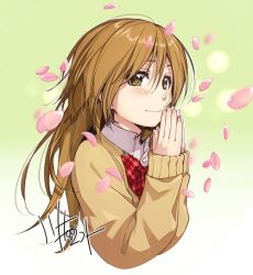 Rule 34 | 1girl, artist name, blush, bow, bowtie, brown eyes, cherry blossoms, closed mouth, collared shirt, commentary request, fingernails, gradient background, green background, hair between eyes, kawai makoto, koufuku graffiti, light brown hair, long hair, long sleeves, looking at viewer, own hands together, petals, plaid, plaid bow, plaid bowtie, plaid neckwear, red bow, red bowtie, school uniform, shiina (koufuku graffiti), shirt, sleeves past wrists, smile, solo, two-tone background, upper body, white background, white shirt, wing collar