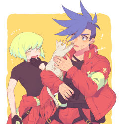 Rule 34 | !, 2boys, animal, black gloves, black shirt, blue eyes, blue hair, blush, cat, closed eyes, clothes around waist, commentary request, covering own mouth, cropped legs, dirty, firefighter jacket, galo thymos, gloves, green hair, half gloves, hand over own mouth, hand up, highres, holding, holding animal, holding cat, holding clothes, holding gloves, jacket, jacket around waist, kome 1022, laughing, lio fotia, looking down, male focus, mohawk, multiple boys, open clothes, open jacket, open mouth, partial commentary, promare, shirt, short hair, short sleeves, sidelocks, signature, simple background, spiked hair, surprised, sweat, sweatdrop, thick eyebrows, white cat