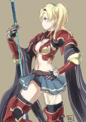Rule 34 | 10s, 1girl, armor, belt, bikini armor, black panties, black thighhighs, blonde hair, blue eyes, braid, breasts, brown background, cleavage, cleavage cutout, closed mouth, clothing cutout, granblue fantasy, hair between eyes, hair intakes, hand on own hip, highres, holding, holding weapon, long hair, medium breasts, navel, panties, polearm, profile, showgirl skirt, simple background, sketch, smile, solo, spear, standing, thighhighs, tooya daisuke, twin braids, twintails, underwear, weapon, zeta (granblue fantasy)