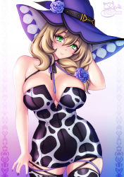Rule 34 | 1girl, animal print, arm behind head, bare arms, bare shoulders, blonde hair, blue background, breasts, closed mouth, cow print, dress, flower, genshin impact, gradient background, green eyes, hair flower, hair ornament, hat, hat flower, highres, large breasts, lisa (genshin impact), looking at viewer, microdress, nail polish, patreon username, pink background, purple flower, purple hat, purple nails, purple rose, rose, sevie, skindentation, smile, solo, strapless, strapless dress, thighhighs, thighs, twitter username, white background, wide hips, witch hat