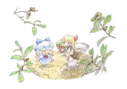 Rule 34 | &gt; &lt;, 4girls, :t, acorn, animal ears, arm up, autumn leaves, baku taso, blonde hair, blue dress, blue hair, blush stickers, bow, branch, brown hair, cat ears, cat tail, chen, chibi, cirno, closed eyes, dress, facing away, graphite (medium), hair bow, hair ribbon, hat, inaba tewi, leg up, mob cap, multiple girls, open mouth, painting (medium), pink dress, puffy short sleeves, puffy sleeves, rabbit ears, rabbit tail, ribbon, rumia, shadow, short hair, short sleeves, simple background, skirt, skirt set, squatting, tail, touhou, traditional media, watercolor (medium), white background