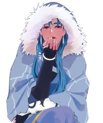 Rule 34 | 1boy, blue hair, bracelet, capelet, cigarette, cu chulainn (caster) (fate), cu chulainn (fate), earrings, fate/grand order, fate (series), fur-trimmed hood, fur trim, highres, holding, holding cigarette, hood, hood up, hooded capelet, jewelry, licking lips, long hair, looking at viewer, male focus, open mouth, red eyes, simple background, single vambrace, smoking, solo, tongue, tongue out, vambraces, wagaya43