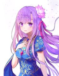 Rule 34 | 1girl, bangle, bracelet, breasts, fate/grand order, fate (series), flower, gem, gold trim, hair flower, hair ornament, hair ribbon, indian clothes, jewelry, large breasts, long hair, lotus, matou sakura, open mouth, parted bangs, parvati (fate), patterned clothing, purple eyes, purple hair, red ribbon, ribbon, ruria, short sleeves, simple background, solo, very long hair, white background