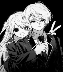 Rule 34 | 1boy, 1girl, collared shirt, greyscale, hand up, hoshino aquamarine, hoshino ruby, hug, hug from behind, jacket, jihecchi, long hair, long sleeves, looking at viewer, mismatched pupils, monochrome, necktie, open mouth, oshi no ko, parted lips, shirt, simple background, smile, star-shaped pupils, star (symbol), symbol-shaped pupils, two side up, upper body, v, very long hair, wing collar