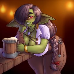 Rule 34 | 1girl, absurdres, alcohol, beer, beer mug, belt, bent over, blouse, blush, bracelet, bracer, braid, breasts, bright pupils, brown hair, brown pants, cleavage, colored skin, commentary, cup, earrings, elbow rest, english commentary, female goblin, goblin, green skin, grin, hair over one eye, highres, hoop earrings, huge breasts, jewelry, large ears, long hair, long pointy ears, low-tied long hair, mug, original, pants, parted bangs, pendant, plump, pointy ears, red eyes, shirt, shortstack, single braid, single earring, smile, solo, thick eyebrows, thick thighs, thighs, very long hair, weaponized thickness, white shirt, wide hips