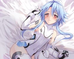 Rule 34 | 1girl, ahoge, aisu (icicleshot), bare shoulders, bed, blue hair, blush, breasts, elbow gloves, gloves, leotard, looking at viewer, neptune (series), pout, power symbol, power symbol-shaped pupils, red eyes, short hair with long locks, sidelocks, small breasts, solo, symbol-shaped pupils, white heart (neptunia)