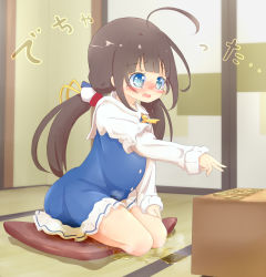 Rule 34 | 10s, 1girl, 22m, ahoge, blue dress, blue eyes, blush, board game, brown hair, crying, dress, embarrassed, female focus, frilled dress, frills, full body, hand up, hinatsuru ai, indoors, japanese text, kneeling, layered sleeves, legs together, long hair, long sleeves, nose blush, open mouth, outstretched arm, peeing, peeing self, ryuuou no oshigoto!, scrunchie, seiza, shirt, shogi, shogi piece, short over long sleeves, short sleeves, sitting, sleeveless, sleeveless dress, solo, steam, tears, translation request, twintails, wet, wet clothes, white shirt