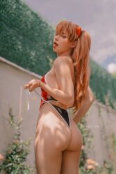 Rule 34 | 1girl, ass, ass focus, bare legs, blue eyes, breasts, clothing aside, cosplay, cowboy shot, freckles, highleg, highleg swimsuit, highres, long hair, looking at viewer, looking back, medium breasts, neon genesis evangelion, one-piece swimsuit, open mouth, orange hair, outdoors, photo (medium), real life, red one-piece swimsuit, sexually suggestive, shirogane-sama, souryuu asuka langley, souryuu asuka langley (cosplay), summer, swimsuit, swimsuit aside, tongue, tongue out, twintails, twitter username, two side up, very long hair, wedgie, wig