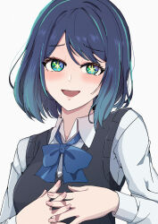 Rule 34 | 1girl, :d, absurdres, aqua eyes, black sweater vest, blue bow, blue bowtie, blue hair, blush, bow, bowtie, collared shirt, commentary request, dress shirt, gradient hair, hair between eyes, highres, interlocked fingers, kurokawa akane, light blue hair, long sleeves, looking at viewer, medium hair, multicolored hair, open mouth, oshi no ko, parted bangs, puffy sleeves, ryougen (koh y1), school uniform, shirt, simple background, smile, solo, star-shaped pupils, star (symbol), sweater vest, symbol-shaped pupils, upper body, white background, white shirt