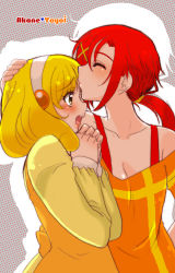 Rule 34 | 10s, 2girls, blonde hair, blush, casual, character name, closed eyes, eyelashes, hairband, hand on another&#039;s head, highres, hino akane (smile precure!), kise yayoi, kiss, kissing forehead, multiple girls, open mouth, orange shirt, own hands clasped, own hands together, ponytail, precure, ramune02, red eyes, red hair, shirt, short hair, smile, smile precure!, surprised, white hairband, yellow eyes, yuri