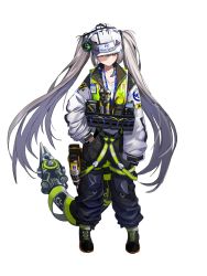 Rule 34 | 1girl, baggy pants, black footwear, blush, closed mouth, collarbone, construction worker, drill, flashlight, go (mumuke), hand in pocket, hard hat, hat, helmet, highres, id card, light blush, long hair, mechanical tail, orange eyes, original, pants, pliers, high-visibility vest, simple background, sleeves past fingers, sleeves past wrists, solo, standing, tail, tools, twintails, very long hair, walkie-talkie, white background