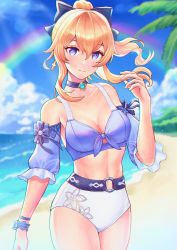 Rule 34 | 1girl, absurdres, arumisx, bare shoulders, beach, bikini, blonde hair, blue bikini, blue bow, blue choker, blue eyes, blurry, blush, bow, breasts, choker, cleavage, closed mouth, collarbone, cowboy shot, cross, cross earrings, depth of field, detached sleeves, earrings, floral print, genshin impact, hair bow, hair ornament, hand up, highres, huge filesize, jean (genshin impact), jean (sea breeze dandelion) (genshin impact), jewelry, looking at viewer, medium breasts, navel, ocean, official alternate costume, outdoors, palm tree, ponytail, rainbow, short sleeves, smile, solo, swimsuit, tree, water