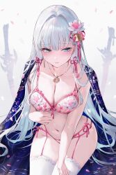 Rule 34 | 1girl, absurdres, alternate costume, areola slip, ayaka (genshin impact), blue eyes, blush, bra, breasts, cleavage, closed mouth, collarbone, falling petals, flower, genshin impact, grey hair, hair flower, hair ornament, highres, jewelry, large breasts, lingerie, long hair, navel, necklace, paid reward available, panties, petals, pink garter straps, pink panties, qiandaiyiyu, solo, thighhighs, thighs, underwear, white thighhighs
