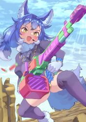 Rule 34 | 1girl, absurdres, animal ears, blue hair, blue sky, bow, bowtie, dire wolf (kemono friends), extra ears, gloves, grey eyes, highres, jacket, kemono friends, kemono friends v project, long hair, microphone, osnmykk, outdoors, ribbon, scarf, shoes, skirt, sky, solo, tail, thighhighs, twintails, virtual youtuber, weapon, wolf ears, wolf girl, wolf tail