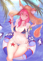 Rule 34 | 1girl, animal ears, bikini, blue bikini, blush, breasts, cleavage, closed mouth, collarbone, curvy, ears through headwear, eliskalti, fate/grand order, fate (series), fox ears, fox tail, hat, innertube, large breasts, long hair, looking at viewer, looking up, navel, ocean, palm leaf, pink hair, shirt, sitting, smile, solo, starfish, swim ring, swimsuit, tail, tamamo (fate), tamamo no mae (fate/extra), tamamo no mae (swimsuit lancer) (fate), tamamo no mae (swimsuit lancer) (second ascension) (fate), water, wet, wet clothes, wet shirt, wide hips, yellow eyes