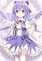 Rule 34 | 1girl, adapted costume, arm up, blue dress, blue eyes, blue hair, bow, cirno, dress, embellished costume, female focus, frills, gloves, gradient background, hair bow, hand on own chest, ikeda yuuki, looking at viewer, matching hair/eyes, puffy short sleeves, puffy sleeves, ribbon, short hair, short sleeves, smile, snowflakes, solo, suspenders, thighhighs, touhou, wings, zettai ryouiki